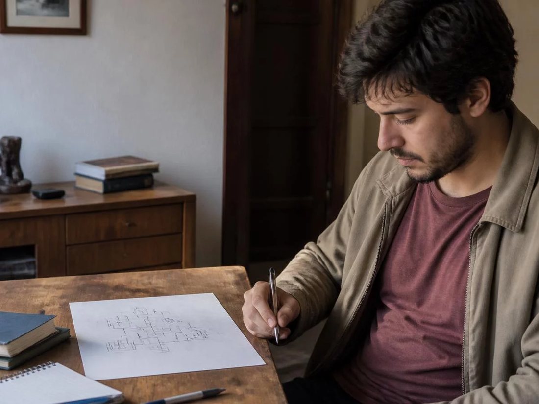 Duas pessoas relendo anotações num tablet apoiado numa mesa de madeira